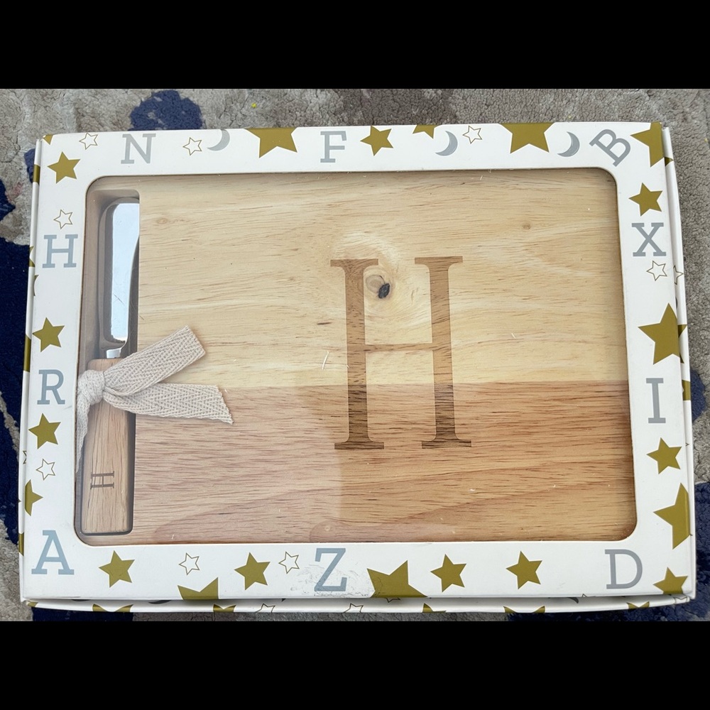 Wood Cheese Board with Square Handle Spreader, Initials Letter H